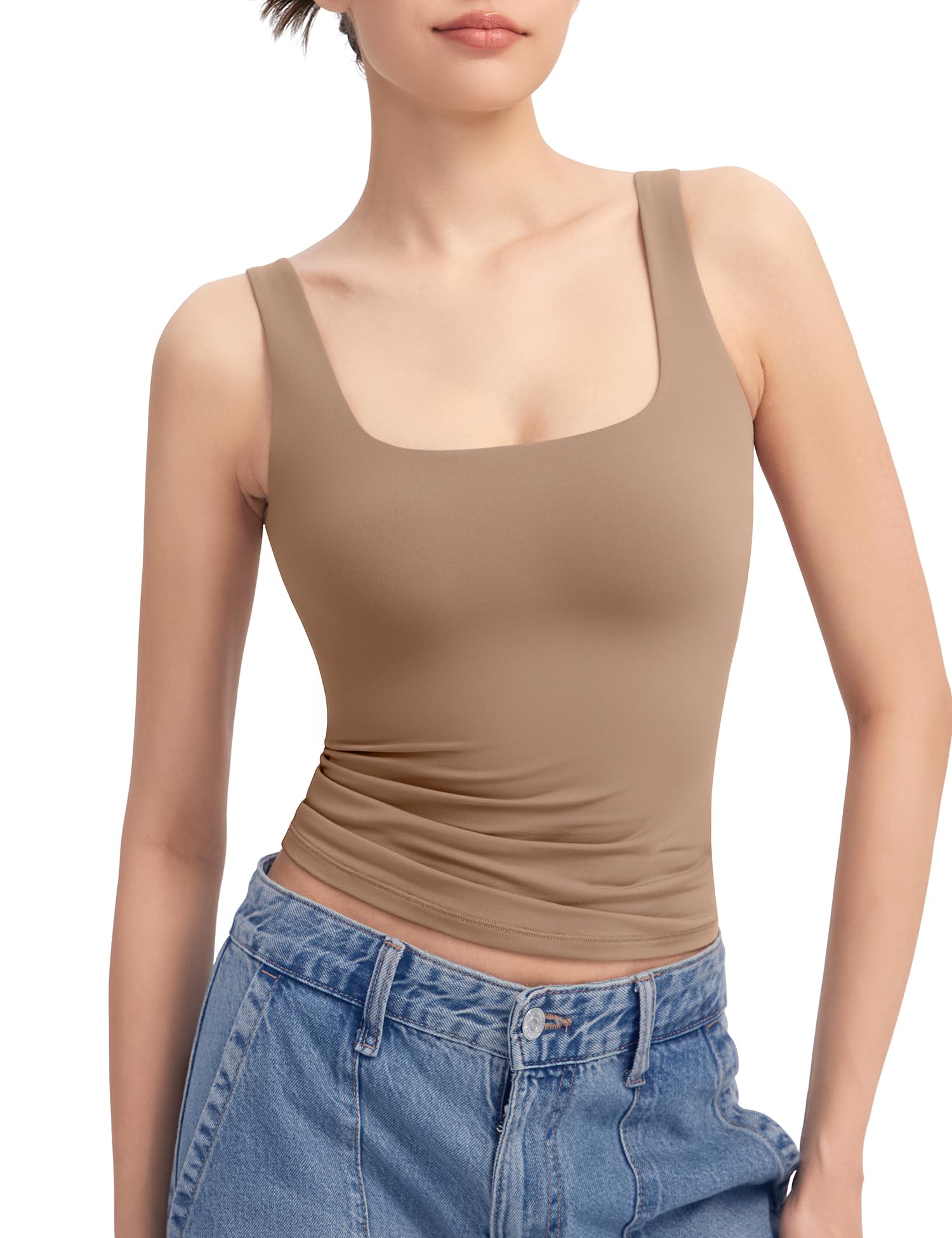 Umenlele Women's Square Neck Spaghetti Strap Cami Top - Sleeveless High-Low Hem, Beige, Large