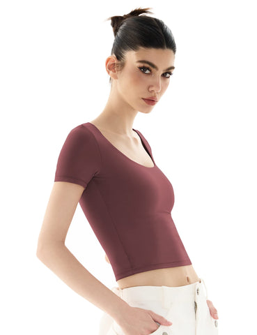 Scooped Neck Built in Bra T-Shirt Crop Length