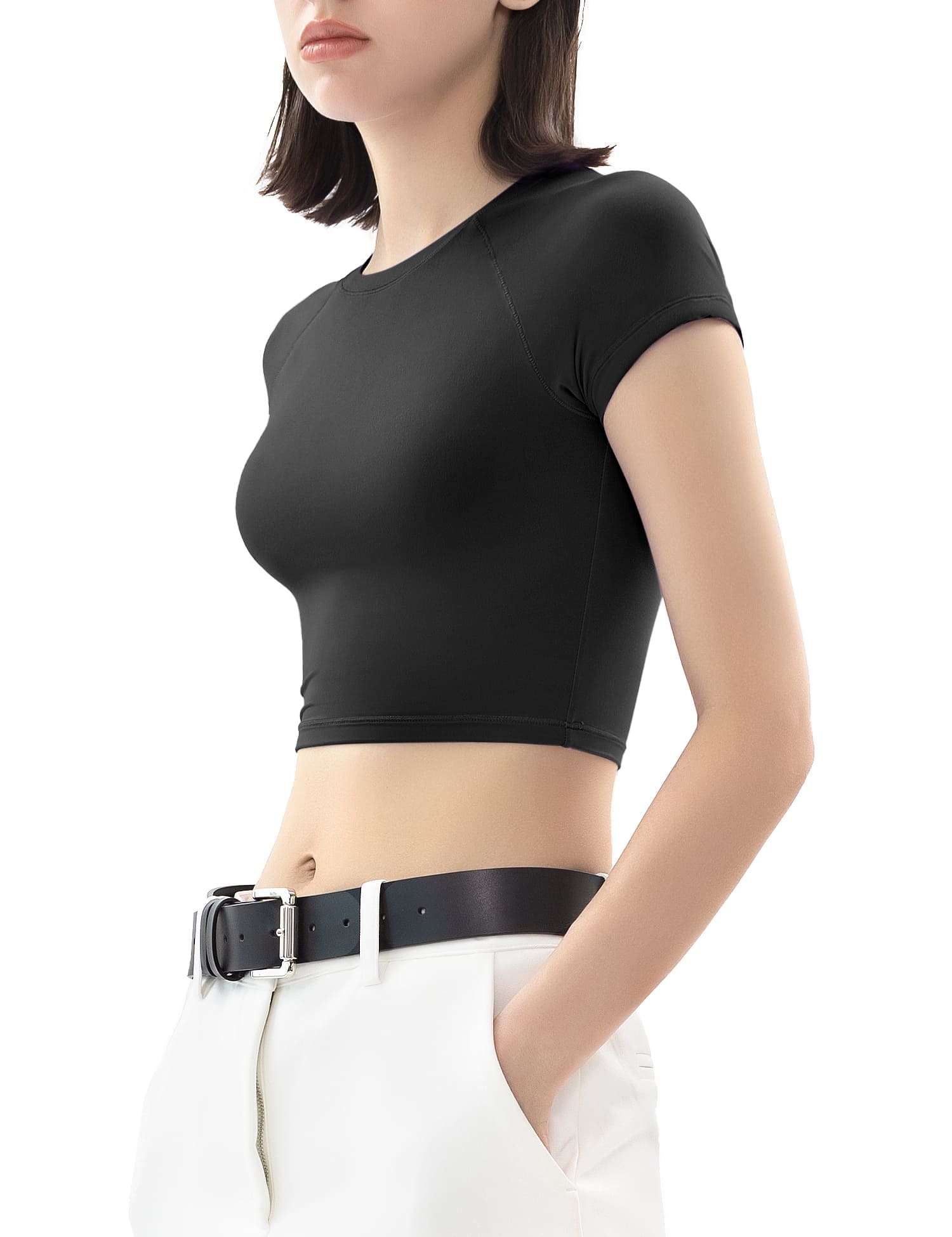 Unique Square Neck Bralette Long Sleeve Crop T-Shirt - Black