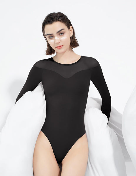  PUMIEY Long Sleeve Bodysuit For Women Mesh Body