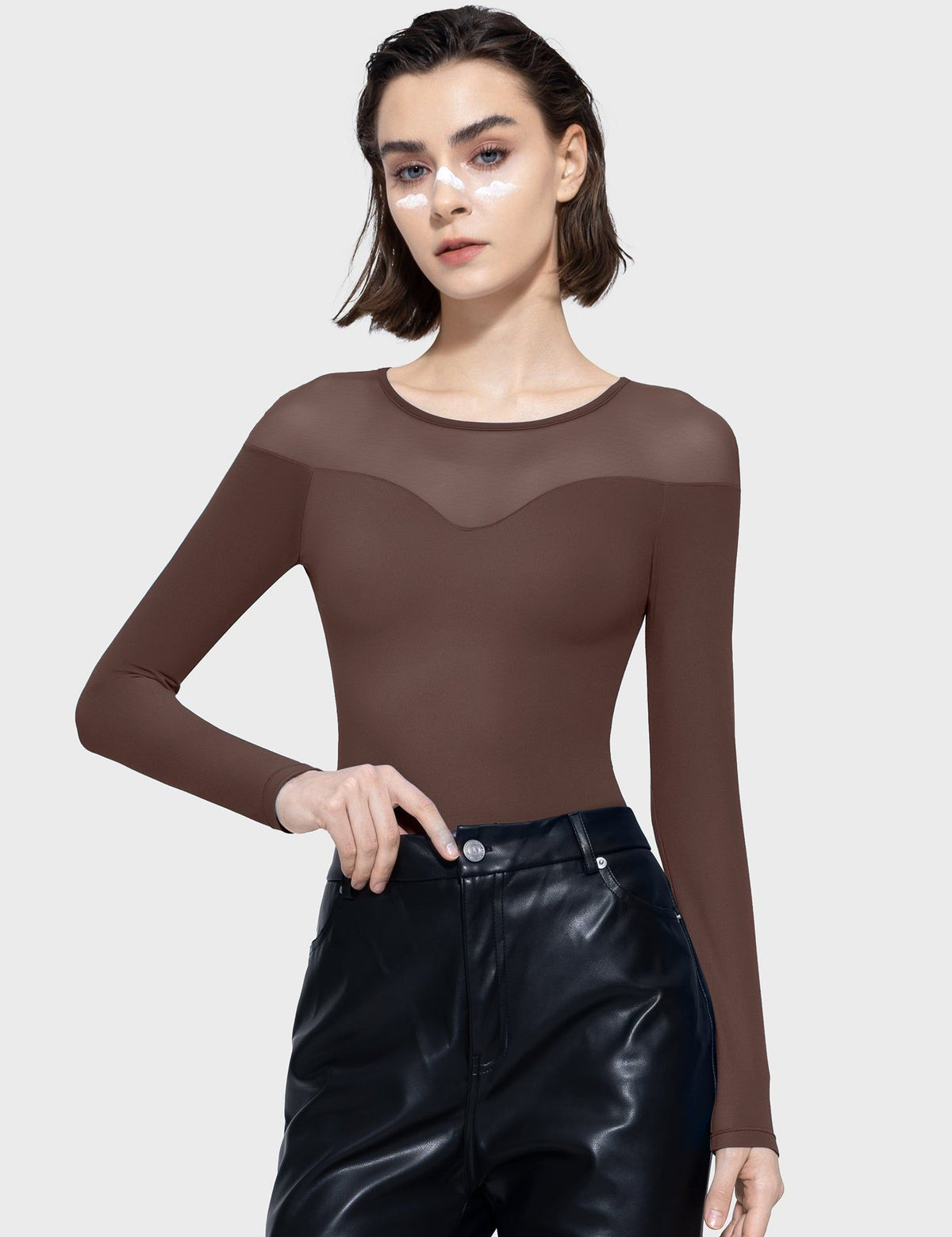 Mesh Long-Sleeve Bodysuit | Brown - Pumiey