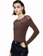 Mesh Long-Sleeve Bodysuit | Brown - Pumiey