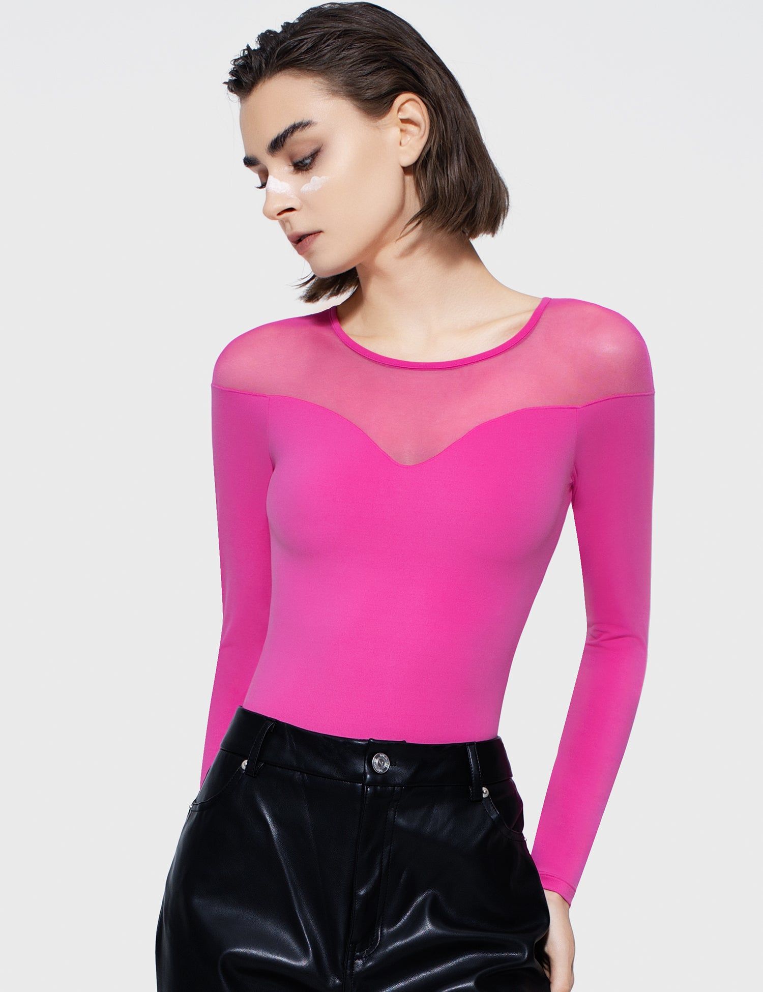 Mesh Long-Sleeve Bodysuit | Hot Pink - Pumiey
