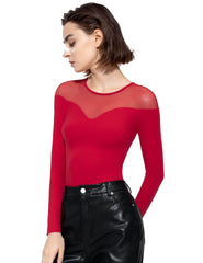 Mesh Long-Sleeve Bodysuit | Red - Pumiey
