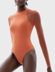 Mesh Tank Long-Sleeve Bodysuit | Orange - Pumiey