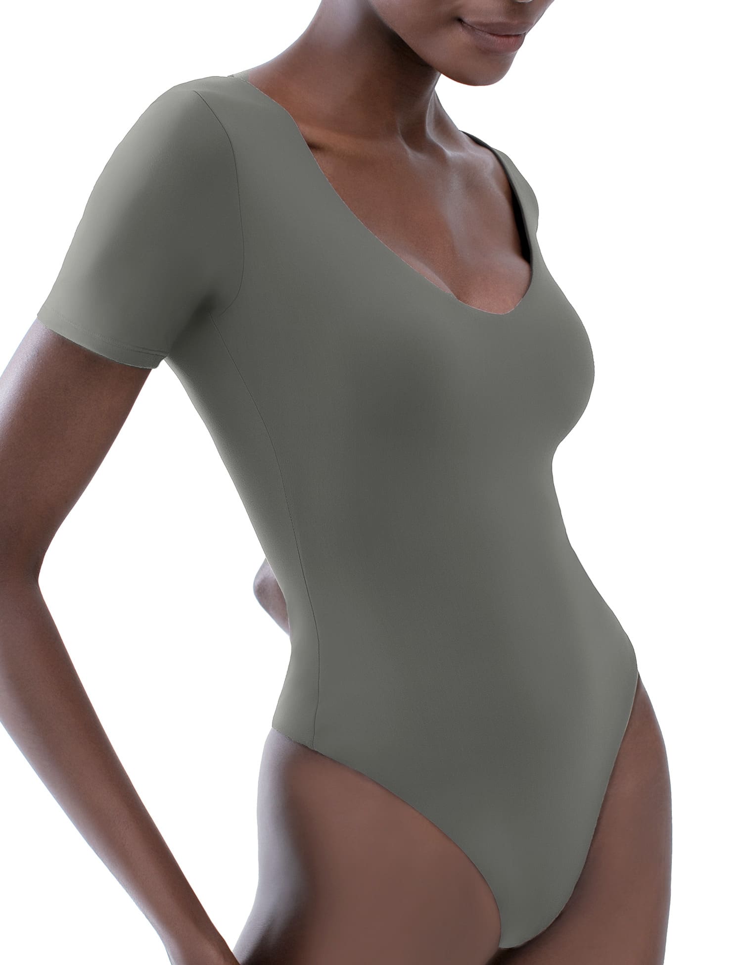 Bodysuit Short Sleeve V Neck in Almond - The Holly