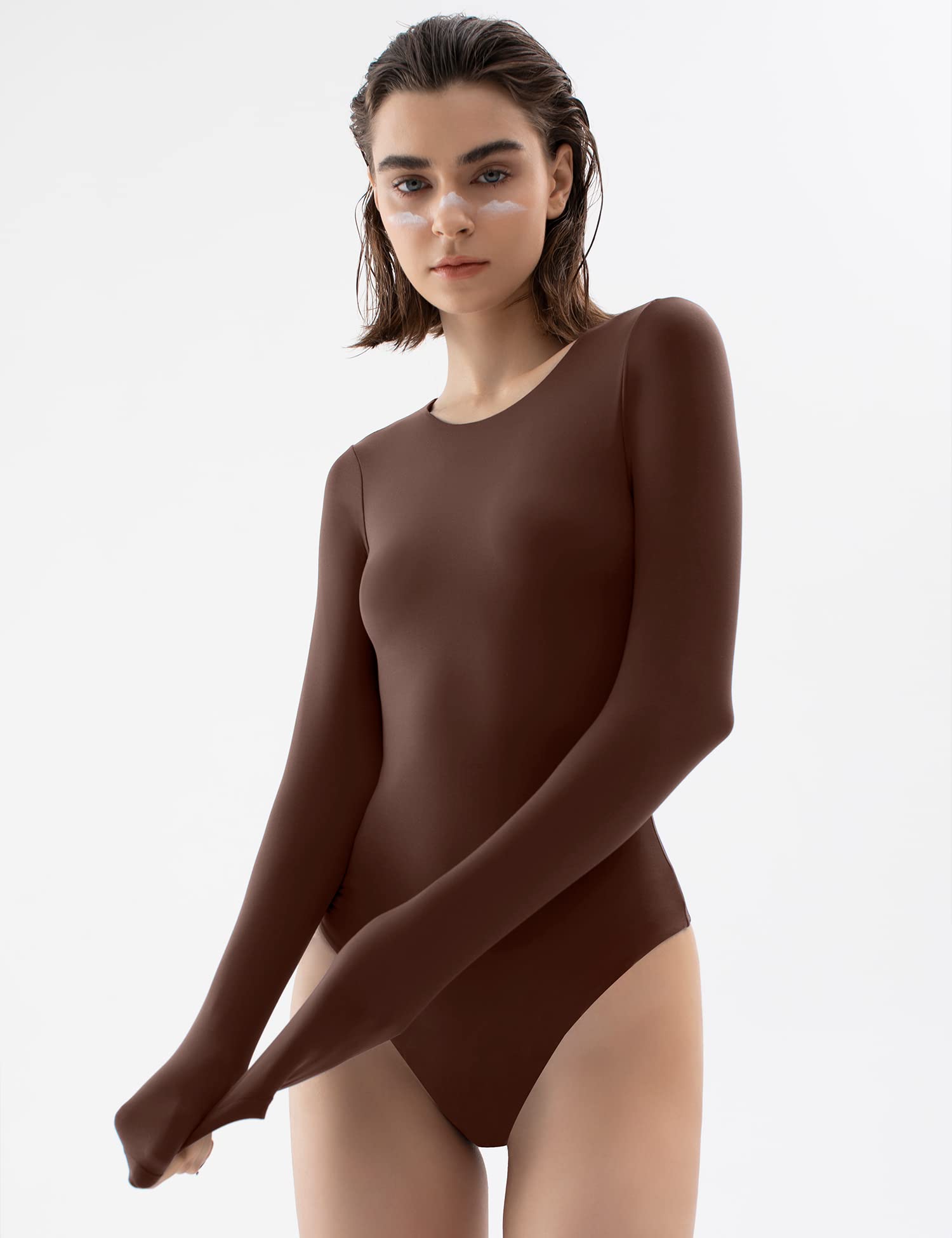 Crew Neck Long Sleeve Bodysuit - Thong - Pumiey- Brown