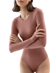 CREW NECK LONG-SLEEVE BODYSUIT-PUMIEY-LIGHT RED-MODEL FRONT 
