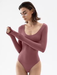 Scoop Neck Long Sleeve Bodysuit | Marsala - Pumiey