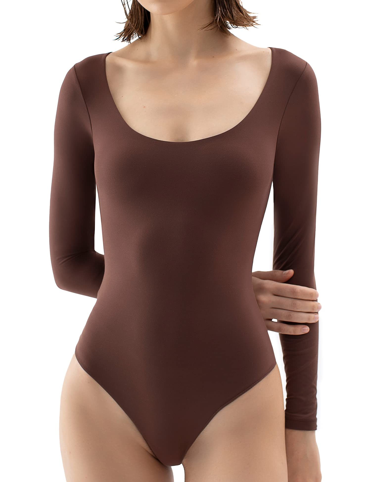 Scoop Neck Long Sleeve Bodysuit | Tiramisu - Pumiey